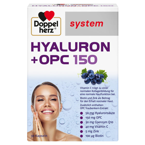 Doppelherz sistēma HYALURON + OPC 150 - Ar 50 mg hialuronskābes un 150 mg OPC no vīnogu kauliņu ekstrakta un ar C vitamīnu - 30 kapsulas