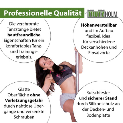 TRUTZHOLM Pole Dance Professional melnā vai hromā, apm. 231–274 cm Ø 45 mm Statiskā un vērpšanas vingrošana bez urbšanas Fitness (sudraba krāsā)