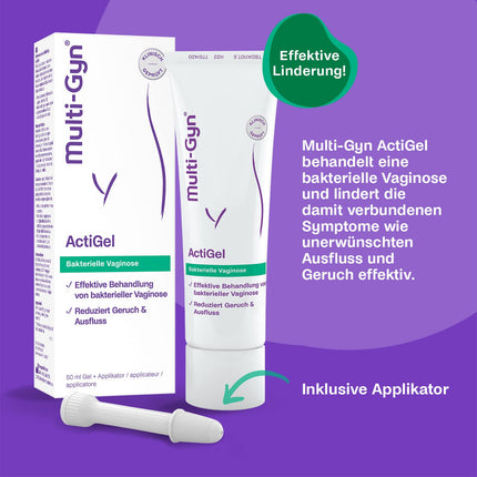 Multi-Gyn ActiGel - bakteriālās vaginozes ārstēšanai un profilaksei. Tūbiņa ar 50 ml gela aptuveni 25 lietošanas reizēm intīmajā zonā un makstī.