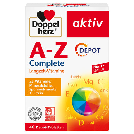 Doppelherz AZ Complete - Ilgtermiņa vitamīni - 23 vitamīni, minerālvielas un mikroelementi PLUS luteīns - 40 depo tabletes