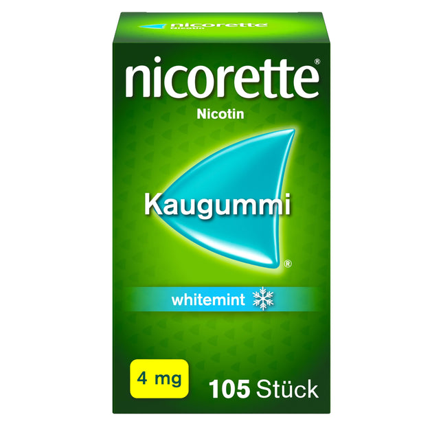 NICORETTE košļājamā gumija 4mg Whitemint – Nikotīna košļājamā gumija smēķēšanas atmešanai – Zobus balinoša iedarbība – Piparmētru garša – 4mg nikotīna – 105 gab.