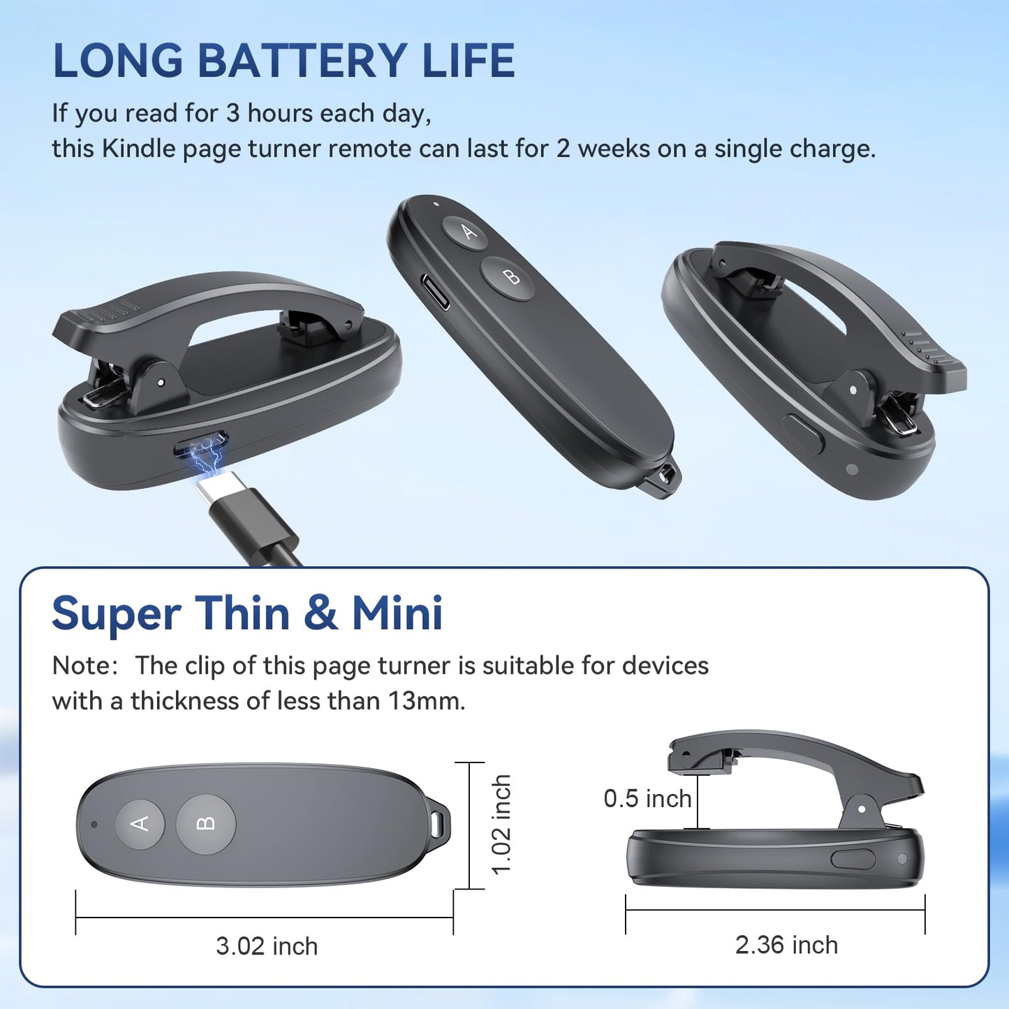[2 klipi] UBUYUONE RF tālvadības pults lappušu pāršķiršanai lasīšanai Kindle, Paperwhite un Kobo e-lasītājos — bezvadu Kindle lappušu pāršķiršana romānu lasīšanai un tālvadības kameras slēdzis