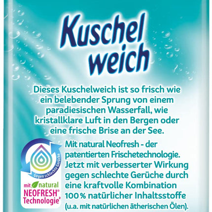 Kuschelweich auduma mīkstinātājs svaigs sapnis, dermatoloģiski apstiprināta saderība ar ādu, Kuschelweich auduma mīkstinātājs bez mikroplastmasas, 1 litrs līdz 38 mazgāšanas reizēm, 1037,48 grami