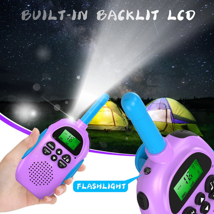 Ushining rācija bērniem, uzlādējama rācija ar 16 kanālu VOX radio, LCD lukturītis ar fona apgaismojumu, 3 km diapazons piedzīvojumiem brīvā dabā, kempingam, pārgājieniem, violeta