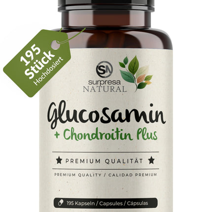 Surpresa dabīgās glikozamīna un hondroitīna kapsulas ar augstu devu I 1 x 195 kapsulas I 1500 mg glikozamīna un 1200 mg hondroitīna vienā dienas devā I Uztura bagātinātājs bez piedevām un laboratoriski pārbaudīts