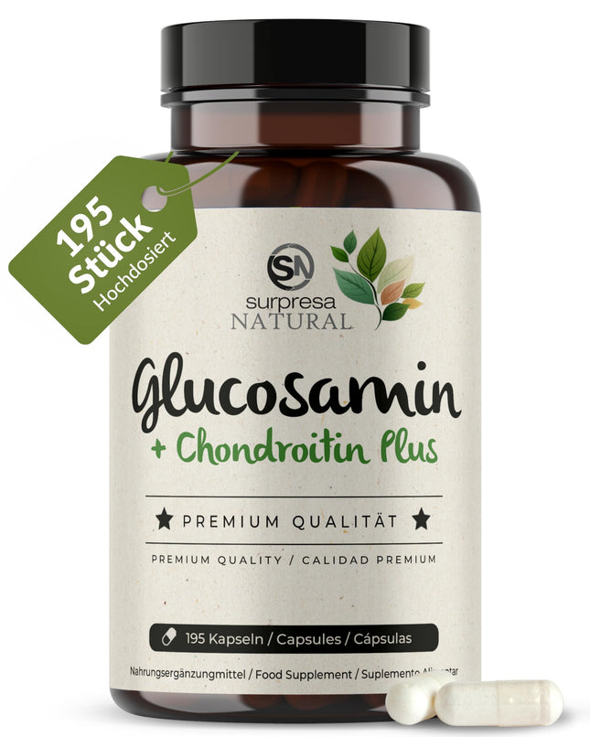 Surpresa dabīgās glikozamīna un hondroitīna kapsulas ar augstu devu I 1 x 195 kapsulas I 1500 mg glikozamīna un 1200 mg hondroitīna vienā dienas devā I Uztura bagātinātājs bez piedevām un laboratoriski pārbaudīts