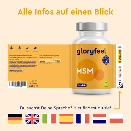 MSM kapsulas - 365 vegānas kapsulas - Laboratorijā pārbaudīts 1600 mg metilsulfonilmetāna (MSM) vienā dienas devā - 99,9% tīrs MSM pulveris - Augsta deva un bez piedevām, ražots Vācijā