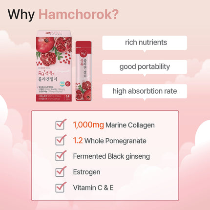 HAMCHOROK Rg+ granātābolu kolagēna želeja (20 g x 14 gab.) / Korejiešu skaistumkopšanas līdzeklis pret novecošanos / 360DA jūras kolagēna + C un E vitamīna žeņšeņa koncentrāts imūnsistēmas atbalstam, ādai (14)