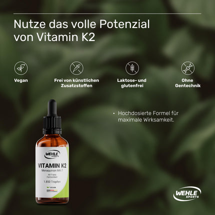 K2 vitamīns MK7 200µg 1850 pilieni 50ml - Premium: 99% All-Trans Menahinons - Laboratorijā pārbaudīts, vegāns, augstas devas un ražots Vācijā.