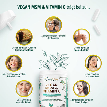 Pharmavital vegāniskās MSM un C vitamīna kapsulas no Vācijas (400 kapsulas) ar augstu devu, 1000 mg metilsulfonilmetāna vienā kapsulā