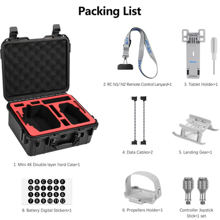 FPVtosky 8 vienā piederumu komplekts DJI Mini 4K/Mini 2/Mini 2 SE dronam: divslāņu pārnēsāšanas soma, planšetdatora stiprinājums, RC-N1 siksna, nolaišanās mehānisms, propellera turētājs, 2 vadības sviras, 2 datu kabeļi, digitālā uzlīme