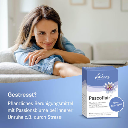 Pascoflair: 90 tabletes - augu izcelsmes nomierinošs līdzeklis - nervu nemiera, piemēram, stresa izraisīta, gadījumā - 425 mg koncentrēta ekstrakta vienā tabletē atbilst 4250-6375 mg pasifloras (dienas deva)