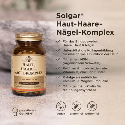 SOLGAR® Ādas, matu un nagu komplekss | ar MSM, sarkanajām aļģēm, C vitamīnu, lizīnu, prolīnu, cinku un varu matiem, ādai un nagiem | Unikāla formula ar patentētu OptiMSM® | 60 tabletes