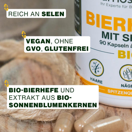 BIOLOĢISKAIS alus raugs | Mati un nagi | Dzīvais raugs, 1200 mg/dienā, bez glutēna | Bagātināts ar selēnu | 90 vegānas kapsulas | Augstākā kvalitāte