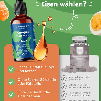 VitaminFit Kids Omega-3 pilieni uztura bagātinātājs bērniem - šķidrums - DHA - EPA - ALA - bez zivīm - 100% augu izcelsmes - vegāns - 50 ml