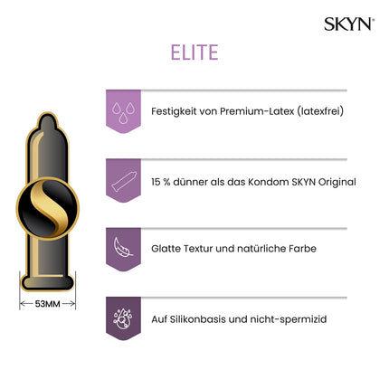 SKYN Selection Variety prezervatīvu komplekts (50 gab.) un Elite prezervatīvi (10 gab.) | Dažādu veidu iepakojums ar 10 oriģinālajiem, 20 Intense Feel un 20 Extra Lube prezervatīviem, plāniem prezervatīviem, lietojamiem ar mūsu lubrikantiem