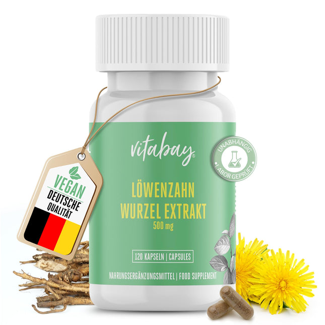 Vitabay pienenes saknes ekstrakts 500 mg - 120 pienenes kapsulas, augsta deva un vegāns - pienenes ekstrakts Pieneņu ekstrakts Pienenes - pienenes saknes kapsulas Pienene Taraxacum Laboratorijā pārbaudīts