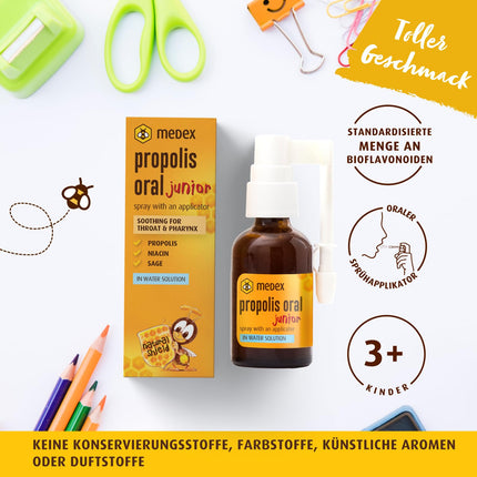 Medex Propolis Oral Junior, propolisa aerosols, mutes un rīkles aerosols, uz ūdens bāzes, BEZ spirta; ar pievienotu medu, salviju, niacīnu, egļu galiem, ar aplikatoru, bērniem no 3 gadu vecuma, 30 ml