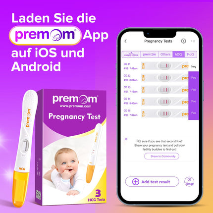 Premom 3 x grūtniecības testi agrīnā stadijā - agrīna grūtniecības testa HCG grūtniecības tests 10mSV/ml ar APP, īpaši agrīns tests (3HCG tests)