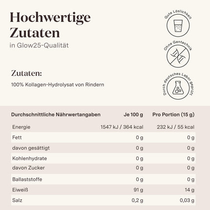 Glow25® kolagēna pulveris [450 g] - mūsu oriģinālais - kolagēna hidrolizāts - 1. un 3. tipa peptīdi - laba šķīdība - neitrāls