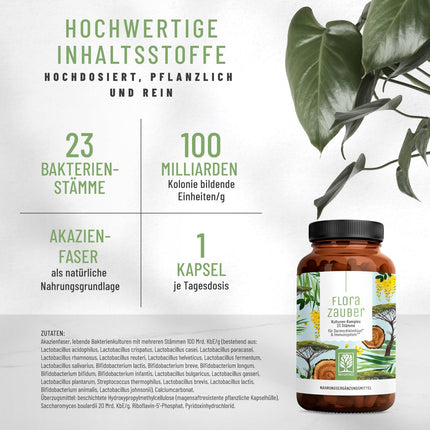 NATURTREU® Florazauber kultūru komplekss ar zarnās šķīstošu apvalku un vegāns - 23 baktēriju celmi bez inulīna - komplekss ar laktobacilām un bifidobaktērijām, 60 kapsulas