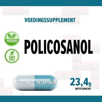 Policosanol 25mg 90 vegāniskas kapsulas, laboratoriski pārbaudītas, bez ĢMO, bez pildvielām vai piedevām