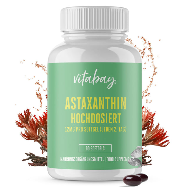 Vitabay astaksantīns 12 mg ar augstu devu un vegāns - 90 mīkstās želatīna kapsulas, laboratoriski pārbaudītas un bez piedevām - dabīgs astaksantīns