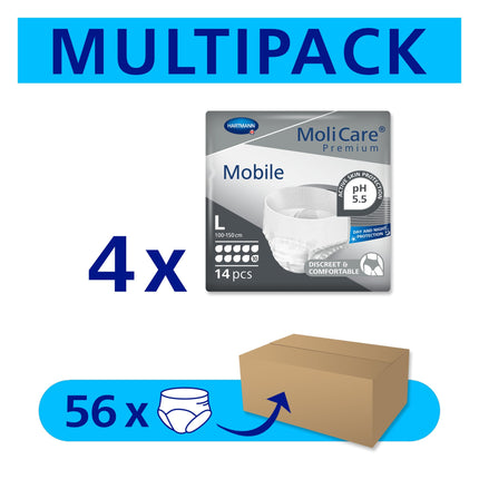MoliCare Premium mobilās vienreizējās lietošanas biksītes: diskrēta lietošana urīna nesaturēšanas gadījumā sievietēm un vīriešiem; 10 pilieni, L izmērs (100–150 cm gurnu apkārtmērs), 4x14 gabali