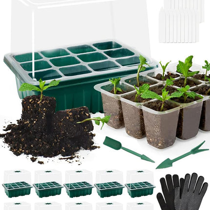 BITOYO iekštelpu siltumnīcas pavairotājs, 10 iepakojumu 120 šūnu mini siltumnīcas pavairošanas komplekts ar paceltu vāku un ventilāciju, stādu sākuma paplātes ar augu etiķetēm, stādiem, zaļš