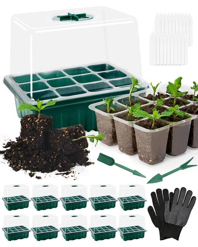 BITOYO iekštelpu siltumnīcas pavairotājs, 10 iepakojumu 120 šūnu mini siltumnīcas pavairošanas komplekts ar paceltu vāku un ventilāciju, stādu sākuma paplātes ar augu etiķetēm, stādiem, zaļš