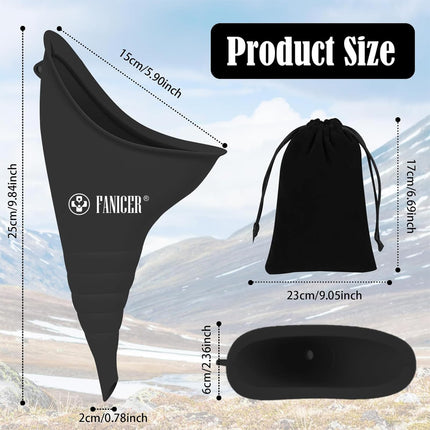 Urinella sievietēm, urinēšanas palīglīdzeklis sievietēm ar viengabala urinēšanas piltuvi, pārnēsājams, atkārtoti lietojams pisuārs sievietēm. Ideāli piemērots aktivitātēm brīvā dabā, kempinga tualetēm, festivāliem un ceļošanai. (Melns)