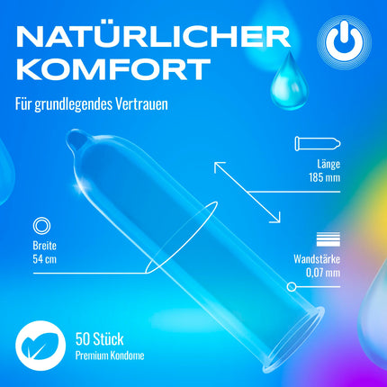 ON) Natural Feeling prezervatīvi | 54 mm plati | 50 gab. iepakojumā | Augstākās kvalitātes dabīgie prezervatīvi | Plāni 0,07 mm sieniņu biezums | Vegānu prezervatīvi | Vīriešu prezervatīvi | Vīriešu prezervatīvi