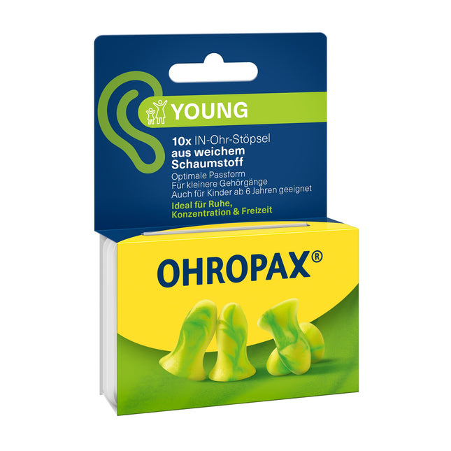 OHROPAX Young ausu aizbāžņi – ausīm ar šaurākiem auss kanāliem – mīksti putuplasta ausu aizbāžņi – skaņas izolācijas vērtība SNR 35 dB – ideāli piemēroti atpūtai, koncentrēšanās spējām un brīvā laika pavadīšanai – 10 gabali