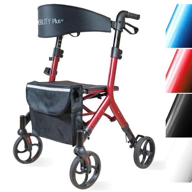 Mobility Plus+ dizaina rollators DR10+ sarkans — paredzēts lietošanai iekštelpās un ārā, plāns un salokāms — regulējams augstumā staigāšanas palīglīdzeklis senioriem ar muguras siksnu un somu — iekšējās bremžu troses bez kaitinošām trosēm