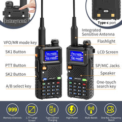 JUCJET UV-5RH daudzfrekvenču rācija, 999 kanāli, lukturītis, C tipa USB uzlādes stacija, augstas veiktspējas rācija piedzīvojumiem, āra aktivitātēm, kempingam, ģimenei (2 iepakojumi)