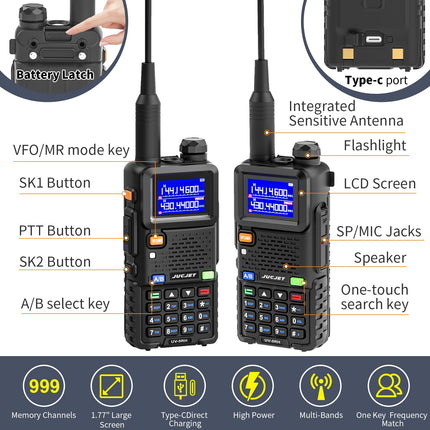 JUCJET UV-5RH daudzfrekvenču rācija, 999 kanāli, lukturītis, C tipa USB uzlādes stacija, augstas veiktspējas rācija piedzīvojumiem, āra aktivitātēm, kempingam, ģimenei (2 iepakojumi)