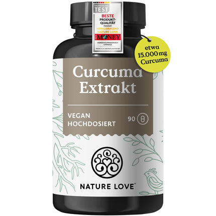 NATURE LOVE® Curcuma 15000mg - kurkumas kapsulas - 9 mēnešu krājumi - augsta kurkumīna deva 95% vienā kapsulā - ar melnajiem pipariem - vegāns, laboratorijā pārbaudīts un ražots Vācijā