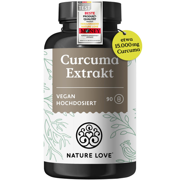 NATURE LOVE® Curcuma 15000mg - kurkumas kapsulas - 9 mēnešu krājumi - augsta kurkumīna deva 95% vienā kapsulā - ar melnajiem pipariem - vegāns, laboratorijā pārbaudīts un ražots Vācijā
