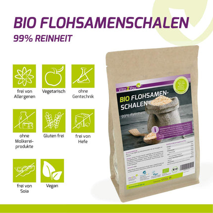 Vita2You psyllium sēnalas, bioloģiskas, 99% tīrības pakāpe, 1000 g - laboratorijas tests - 100% bioloģiska audzēšana - 1 kg Indijas psyllium sēnalu - augstākā kvalitāte