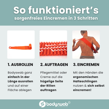 Bodyswab© muguras mitrinošais līdzeklis, plīsumizturīgs, izturības garantija, mazgājams trauku mazgājamajā mašīnā, alternatīvā muguras birste, muguras skrubis, ķermeņa kopšana, palīglīdzeklis senioriem, ražots ES, jautri sīkrīki