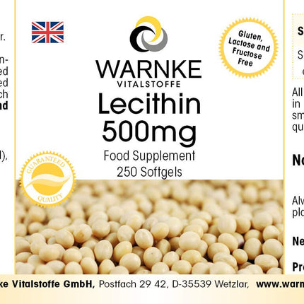Lecitīns 500 mg - no sojas - 250 mīkstās kapsulas - bez ĢMO - liela deva - lielapjoma iepakojums | Warnke Vitalstoffe - Vācijas aptieku kvalitāte