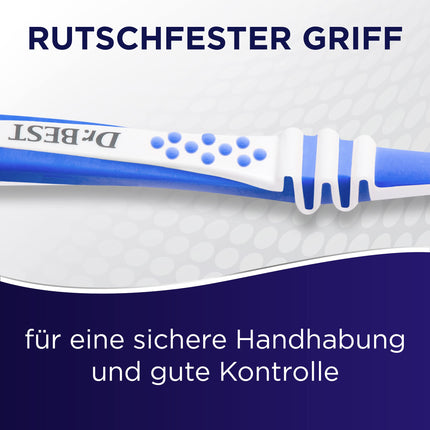 Dr.BEST oriģinālā zobu birste, vidēja izmēra, izdevīgajā iepakojumā, ikdienas tīrīšanai ar pārbaudītu Dr.BEST plakanu griezumu. Elastīgā zona un noapaļoti sariņi rūpīgai un saudzīgai kopšanai.