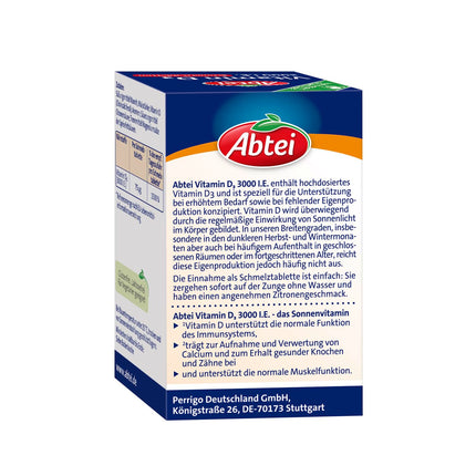 Abtei D3 vitamīns 3000 SV - atbalsta imūnsistēmu un kaulus - bez glutēna, bez laktozes un veģetārs - 75 kūstošas ​​tabletes ar citrona garšu