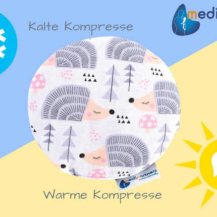 Medi Partners ķiršu akmens spilvens, siltuma spilvens, graudu spilvens mazuļiem, 180g, apaļš, 15cm, ekoloģiski dabīgs, 100% kokvilnas siltuma + aukstuma terapijas masāžas terapija (ezis)
