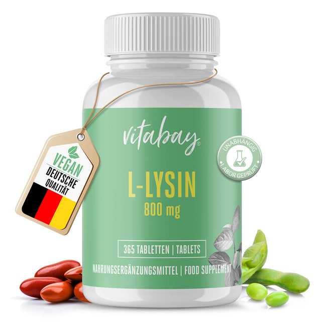 Vitabay Lysine augsta deva 800 mg - 365 L-lizīna tabletes vegānisks un laboratoriski pārbaudīts - neaizvietojamo aminoskābju lizīna kapsulas - bez nevēlamām piedevām