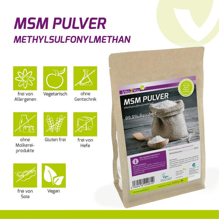Vita2You MSM pulveris 1000g - (metilsulfonilmetāns) 99,9% tīrība - sieta koeficients 40-80 - 1kg organiskais sērs - augstākā kvalitāte