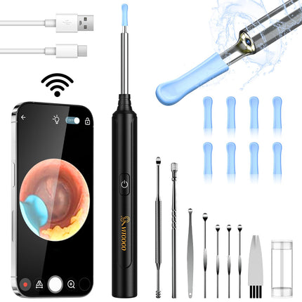 Ausu sēra noņemšanas otoskops, VITCOCO WiFi ausu tīrīšanas kamera 5MP HD ausu kamera IP67 ūdensnecaurlaidīgs otoskops 3,5 mm objektīva ausu endoskops ar 6 gaismas diodēm iPhone, iPad un Android viedtālruņiem (melns)