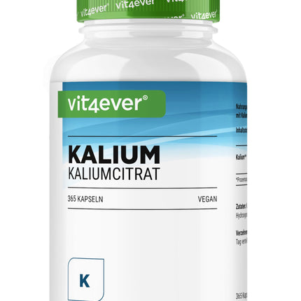 Kālijs - 365 kapsulas ar 800 mg elementārā kālija (no kālija citrāta) vienā dienas devā - vegāns, augsta deva, bez piedevām