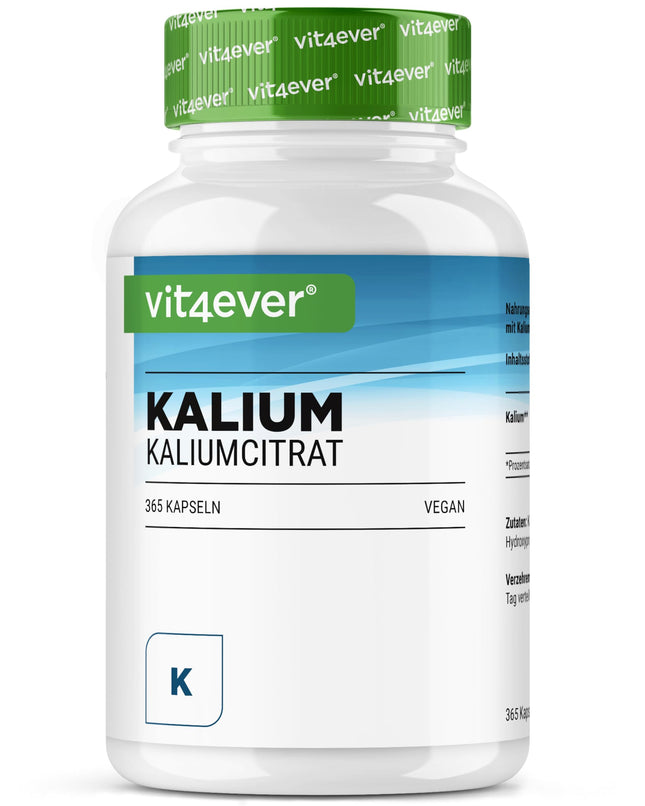 Kālijs - 365 kapsulas ar 800 mg elementārā kālija (no kālija citrāta) vienā dienas devā - vegāns, augsta deva, bez piedevām