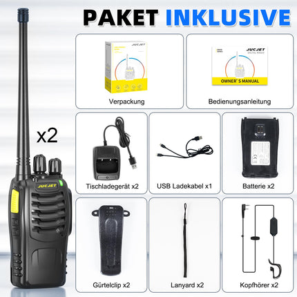 JUCJET (2 rāciju komplekts) 888HD rācijas, ieskaitot oriģinālās austiņas, C tipa datu kabeli, USB uzlādes staciju, ar savienošanu pārī ar vienu klikšķi, runas trokšņu samazināšanu un digitālo šifrēšanu